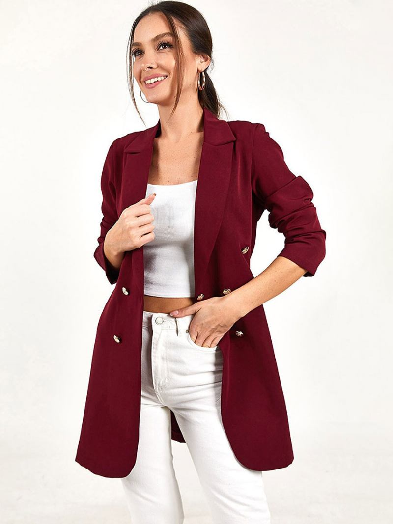 Jaqueta Blazer Longa Para Mulheres Preto Cor Sólida Casual Duplo Breasted Primavera Outono Outerwear Relaxado - Borgonha