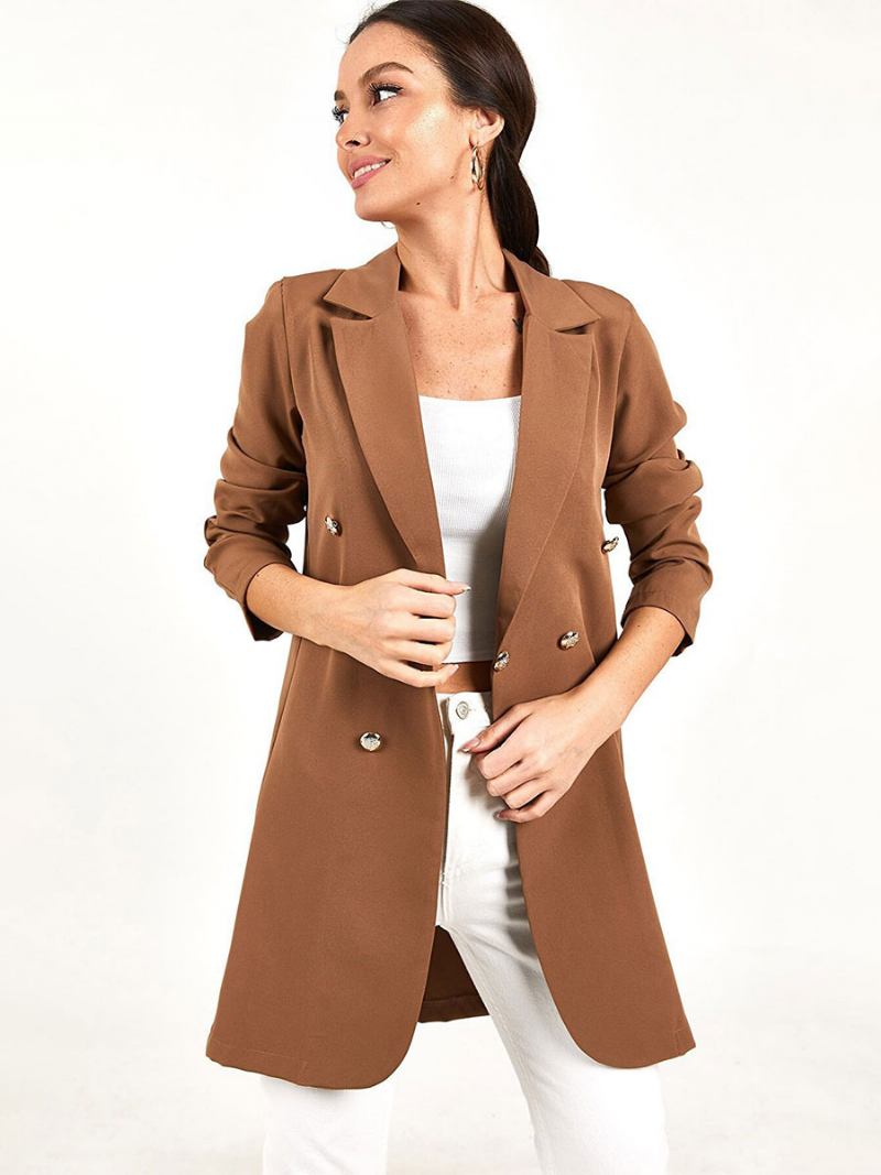 Jaqueta Blazer Longa Para Mulheres Preto Cor Sólida Casual Duplo Breasted Primavera Outono Outerwear Relaxado - Cáqui