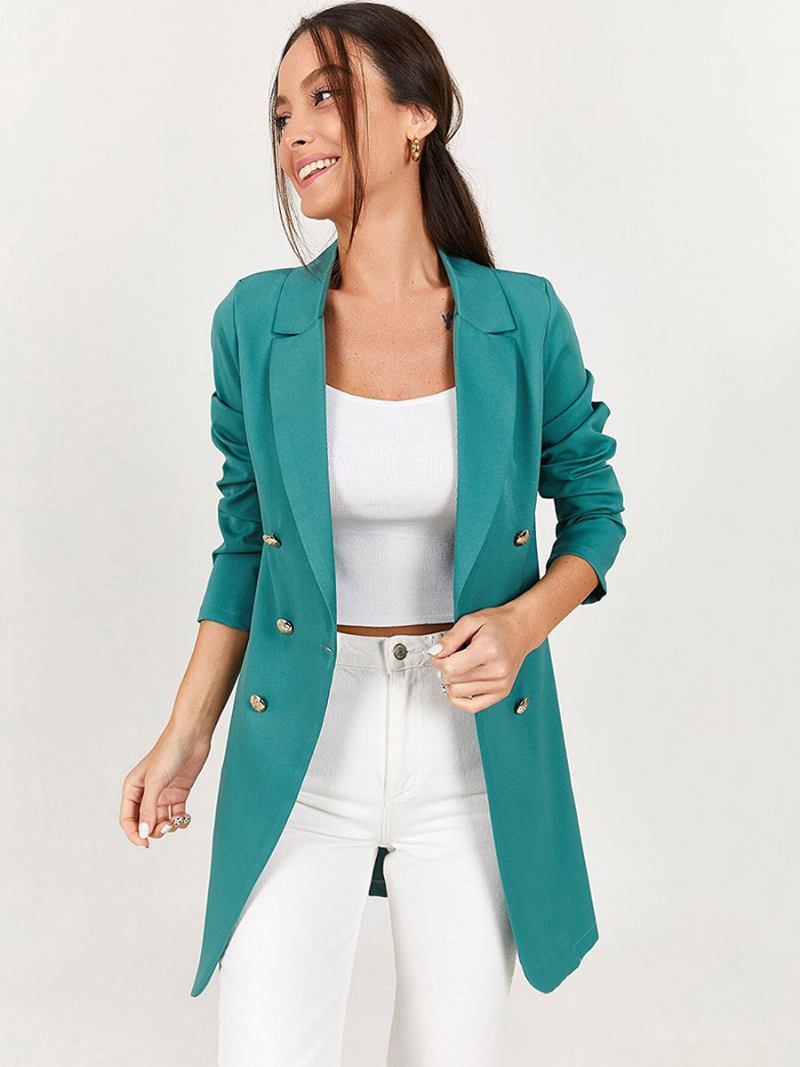 Jaqueta Blazer Longa Para Mulheres Preto Cor Sólida Casual Duplo Breasted Primavera Outono Outerwear Relaxado - Ciano