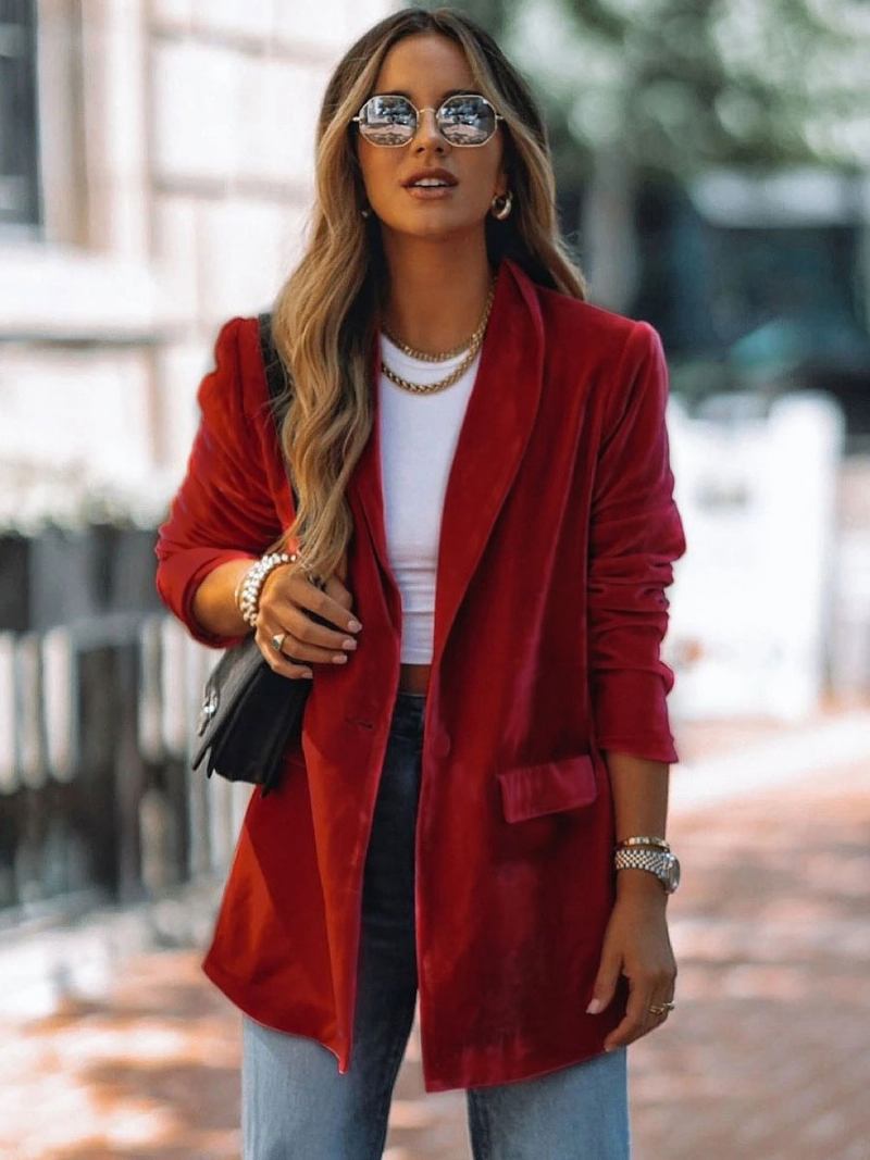 Jaqueta Blazer Longa Veludo Para Mulheres Vermelho Cor Sólida Chique Grande Primavera Outono Descontraída Roupa Rua - Vermelho