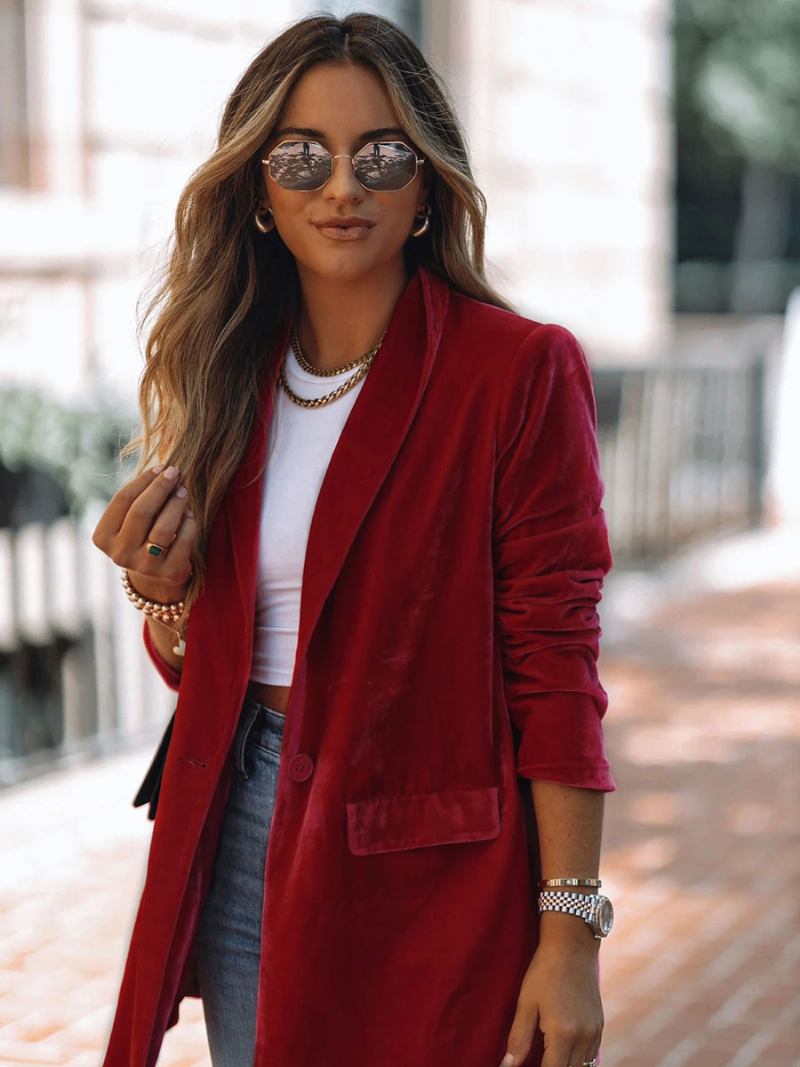 Jaqueta Blazer Longa Veludo Para Mulheres Vermelho Cor Sólida Chique Grande Primavera Outono Descontraída Roupa Rua - Vermelho