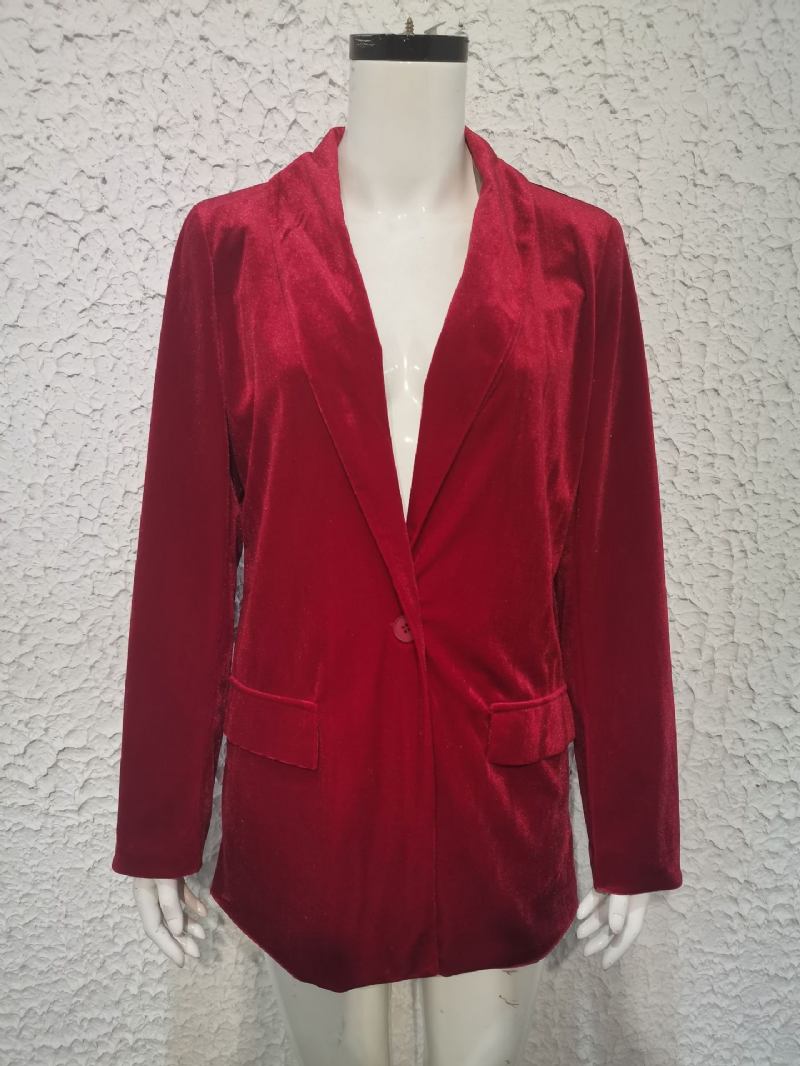 Jaqueta Blazer Longa Veludo Para Mulheres Vermelho Cor Sólida Chique Grande Primavera Outono Descontraída Roupa Rua - Vermelho