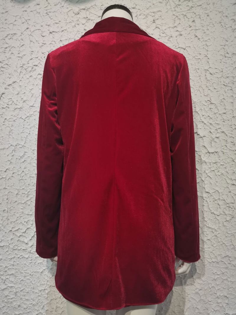 Jaqueta Blazer Longa Veludo Para Mulheres Vermelho Cor Sólida Chique Grande Primavera Outono Descontraída Roupa Rua - Vermelho