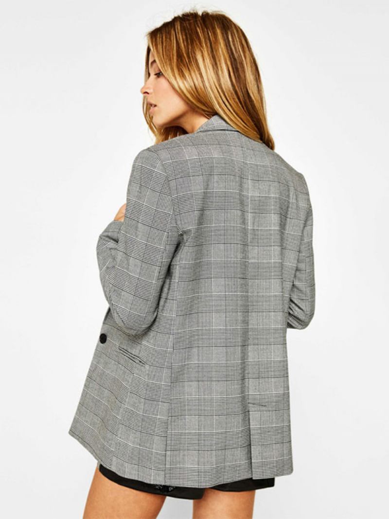 Jaqueta Blazer Para Mulheres Xadrez Lapela Mangas Compridas Outerwear - Cinza