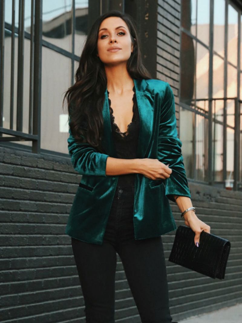 Jaqueta Blazer Veludo Para Mulher Verde Borgonha Cor Sólida Casual Fino Ajuste Primavera Outono Rua Outerwear - Verde