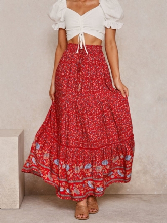 Saia Completa Vermelha Feminina Estampada Cintura Alta Renda Boho Casual Verão Vestidos Longos