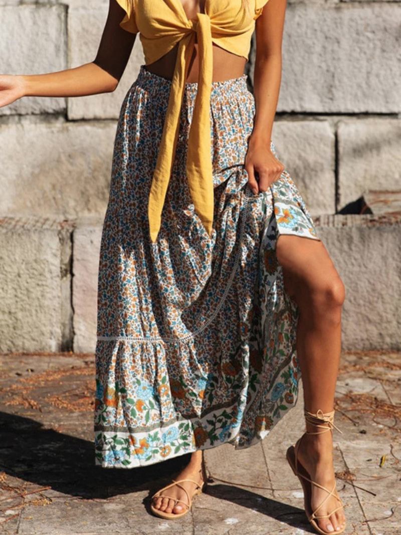 Saia Completa Vermelha Feminina Estampada Cintura Alta Renda Boho Casual Verão Vestidos Longos - Amarelo Claro