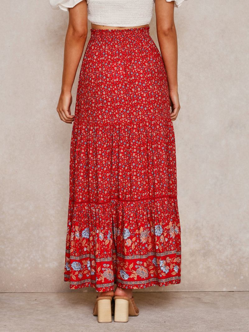 Saia Completa Vermelha Feminina Estampada Cintura Alta Renda Boho Casual Verão Vestidos Longos - Vermelho