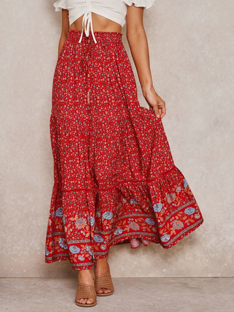 Saia Completa Vermelha Feminina Estampada Cintura Alta Renda Boho Casual Verão Vestidos Longos - Vermelho