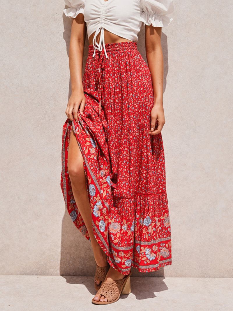 Saia Completa Vermelha Feminina Estampada Cintura Alta Renda Boho Casual Verão Vestidos Longos - Vermelho