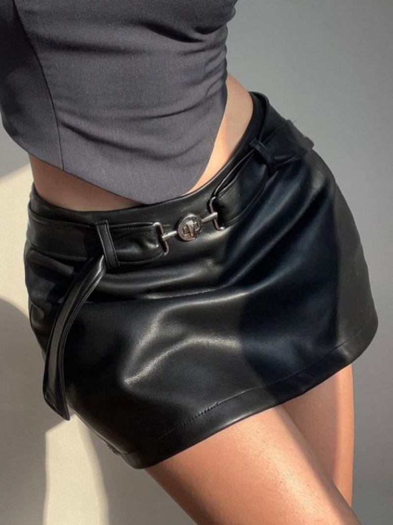 Saia Feminina Preto Detalhes Metal Couro Pu Curto Cintura Baixa Calças Femininas - Preto