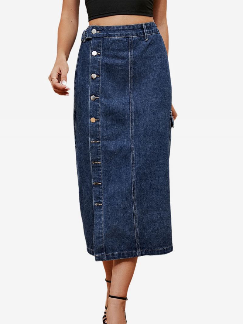 Saia Jeans Feminina Cintura Alta Com Botão E Fundo Assimétrico - Azul