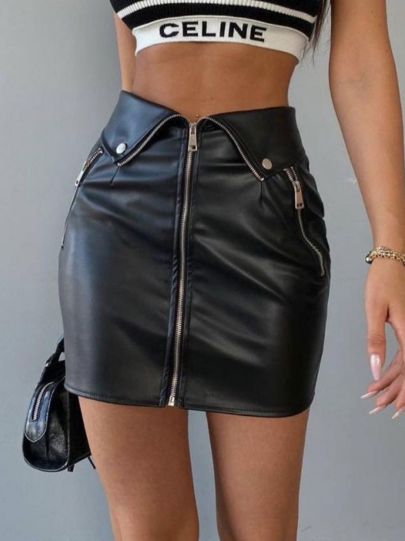 Saia Para Mulheres Detalhes Metal Preto Couro Pu Calças Curtas Femininas - Preto