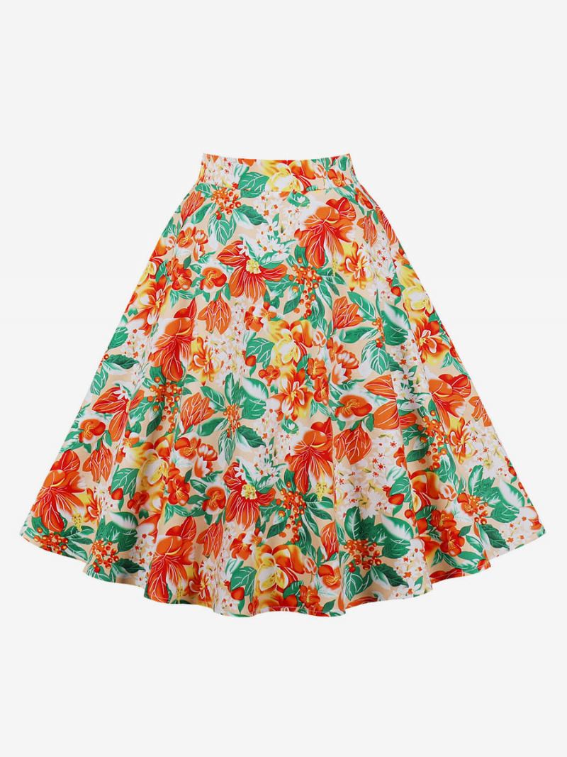 Saia Para Mulheres Vermelho Floral Impressão Algodão Na Altura Do Joelho Cintura Alta Outono E Inverno Calças Femininas - Laranja