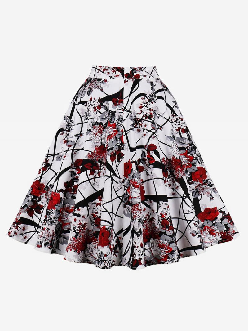 Saia Para Mulheres Vermelho Floral Impressão Algodão Na Altura Do Joelho Cintura Alta Outono E Inverno Calças Femininas - Branco