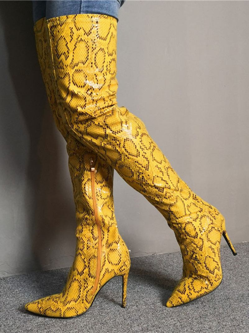 Botas Acima Do Joelho Femininas Com Estampa Cobra Amarela Bico Fino Salto Agulha Altas Na Coxa - Amarelo