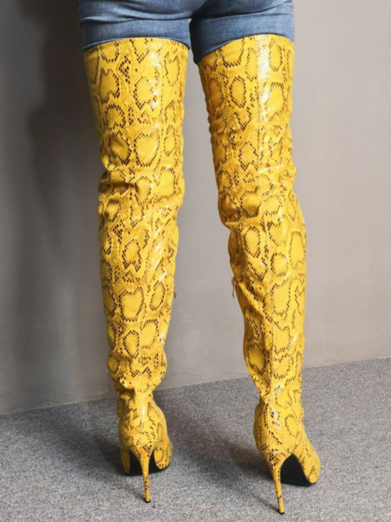 Botas Acima Do Joelho Femininas Com Estampa Cobra Amarela Bico Fino Salto Agulha Altas Na Coxa - Amarelo