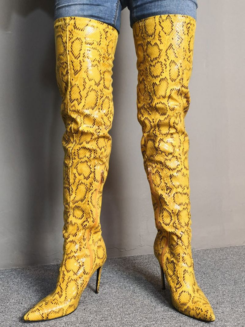 Botas Acima Do Joelho Femininas Com Estampa Cobra Amarela Bico Fino Salto Agulha Altas Na Coxa - Amarelo