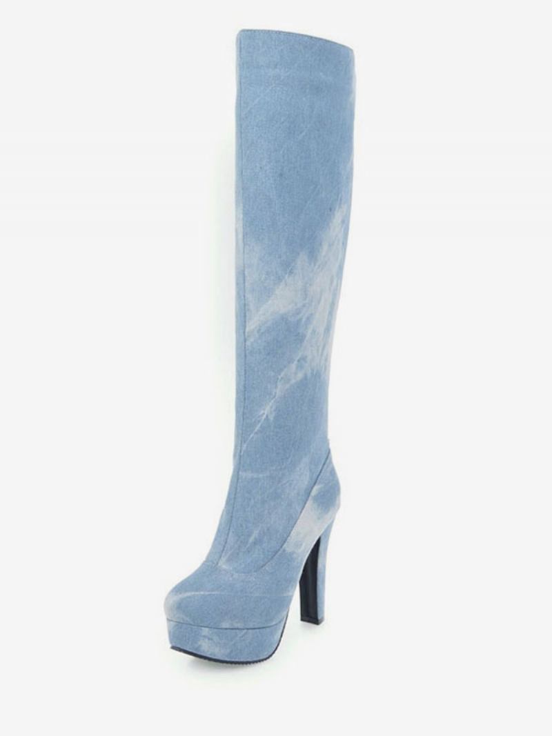 Botas Altas Até O Joelho Com Plataforma Feminina Ombre Almond Toe Salto Grosso - Azul Céu Claro 