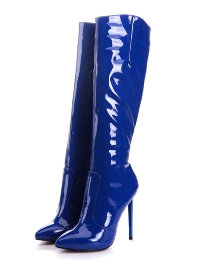 Botas Altas Até O Joelho Femininas Bico Fino Salto Agulha Casual Diário Couro Brilhante Inverno - Azul