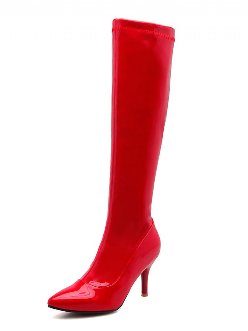 Botas Altas Até O Joelho Femininas Com Bico Fino E Salto Agulha Couro Brilhante - Vermelho