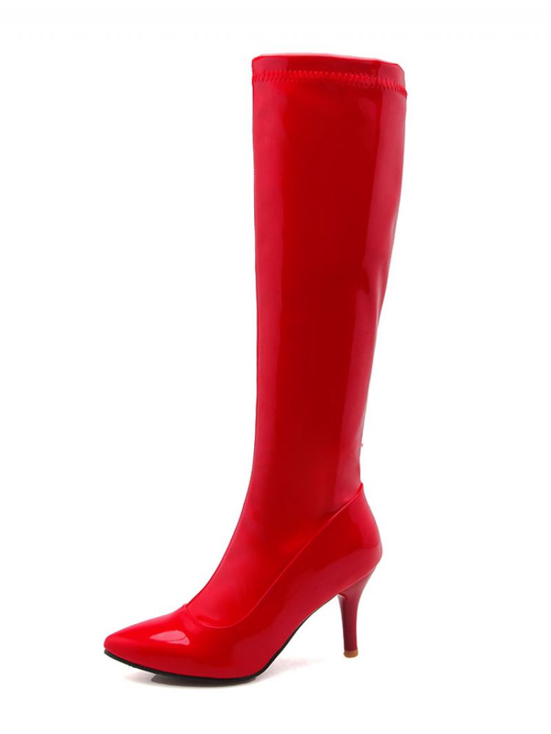 Botas Altas Até O Joelho Femininas Com Bico Fino E Salto Agulha Couro Brilhante - Vermelho