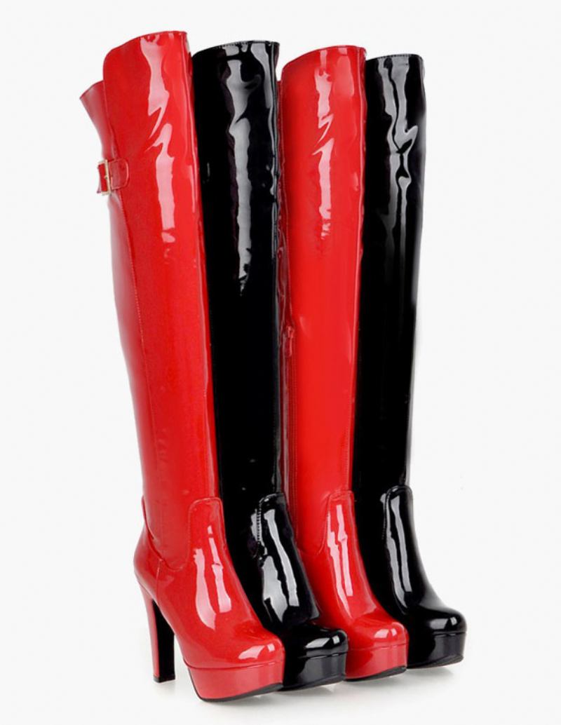 Botas Altas Da Coxa Plataforma Das Mulheres Do Dedo Pé Redondo Couro Brilhantes Grossas - Vermelho