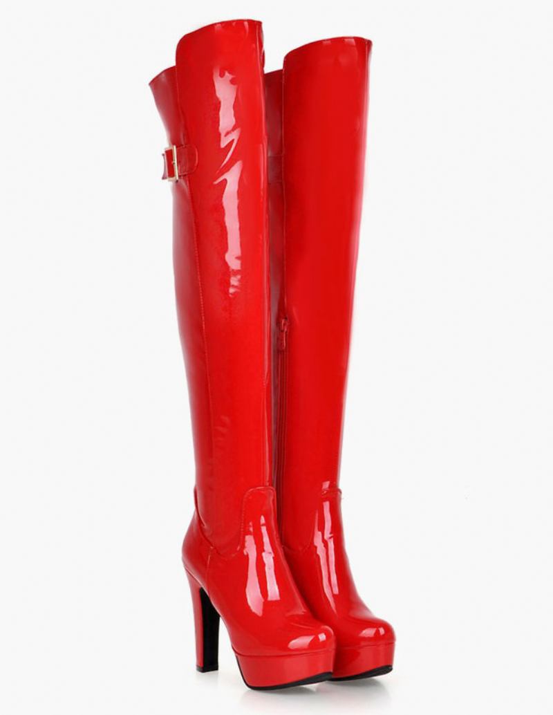 Botas Altas Da Coxa Plataforma Das Mulheres Do Dedo Pé Redondo Couro Brilhantes Grossas - Vermelho