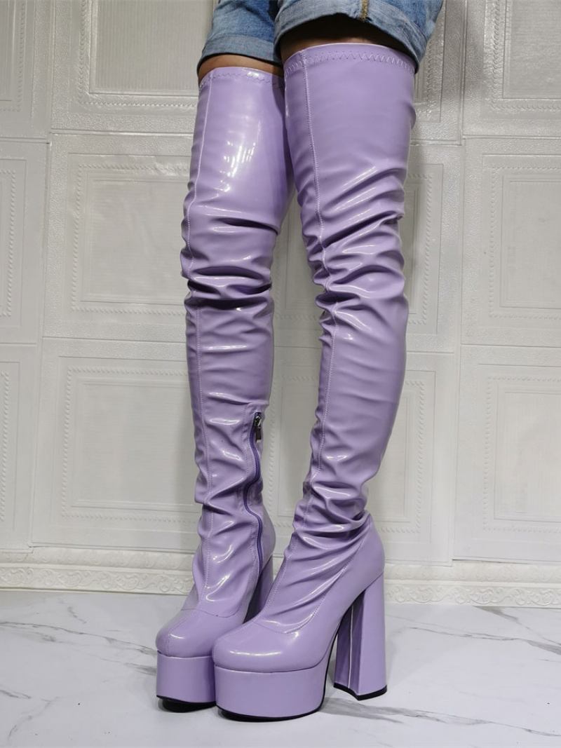 Botas Altas Femininas Roxas Com Plataforma Sexy Salto Bloco Sobre O Joelho - Lavanda