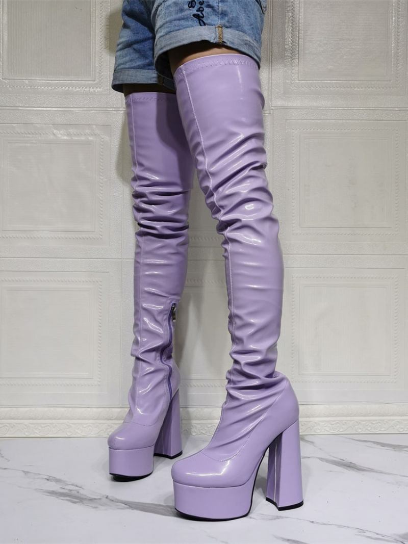 Botas Altas Femininas Roxas Com Plataforma Sexy Salto Bloco Sobre O Joelho - Lavanda