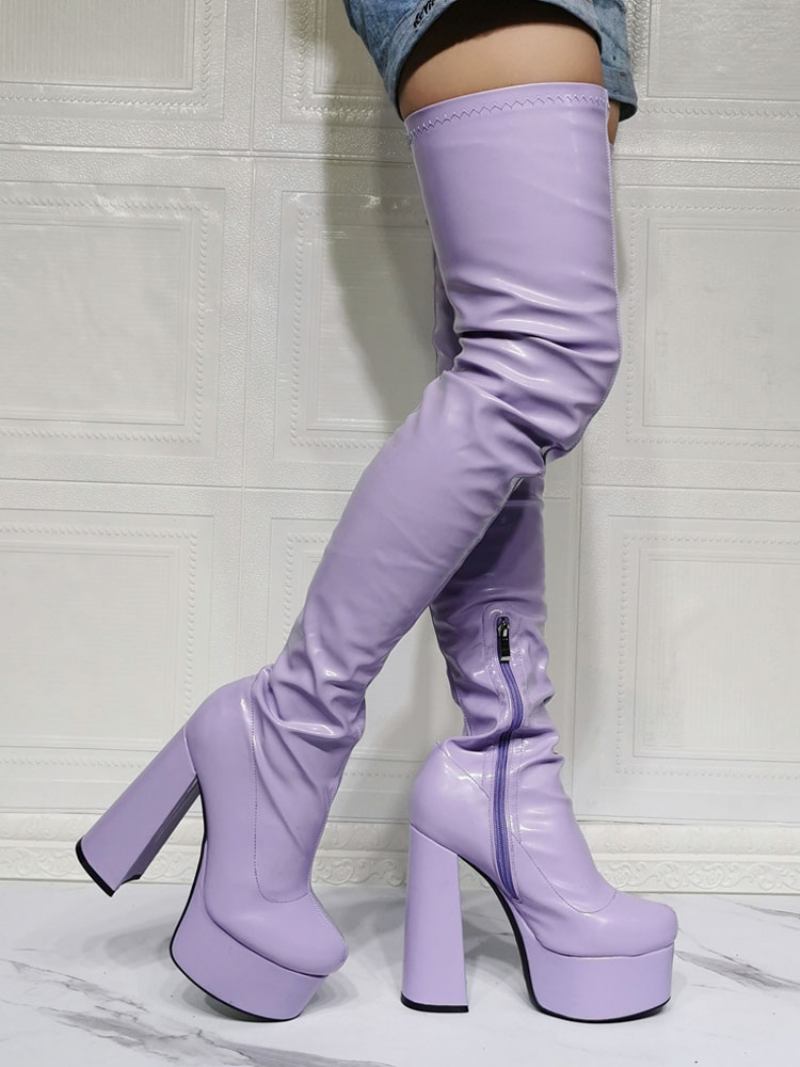 Botas Altas Femininas Roxas Com Plataforma Sexy Salto Bloco Sobre O Joelho - Lavanda