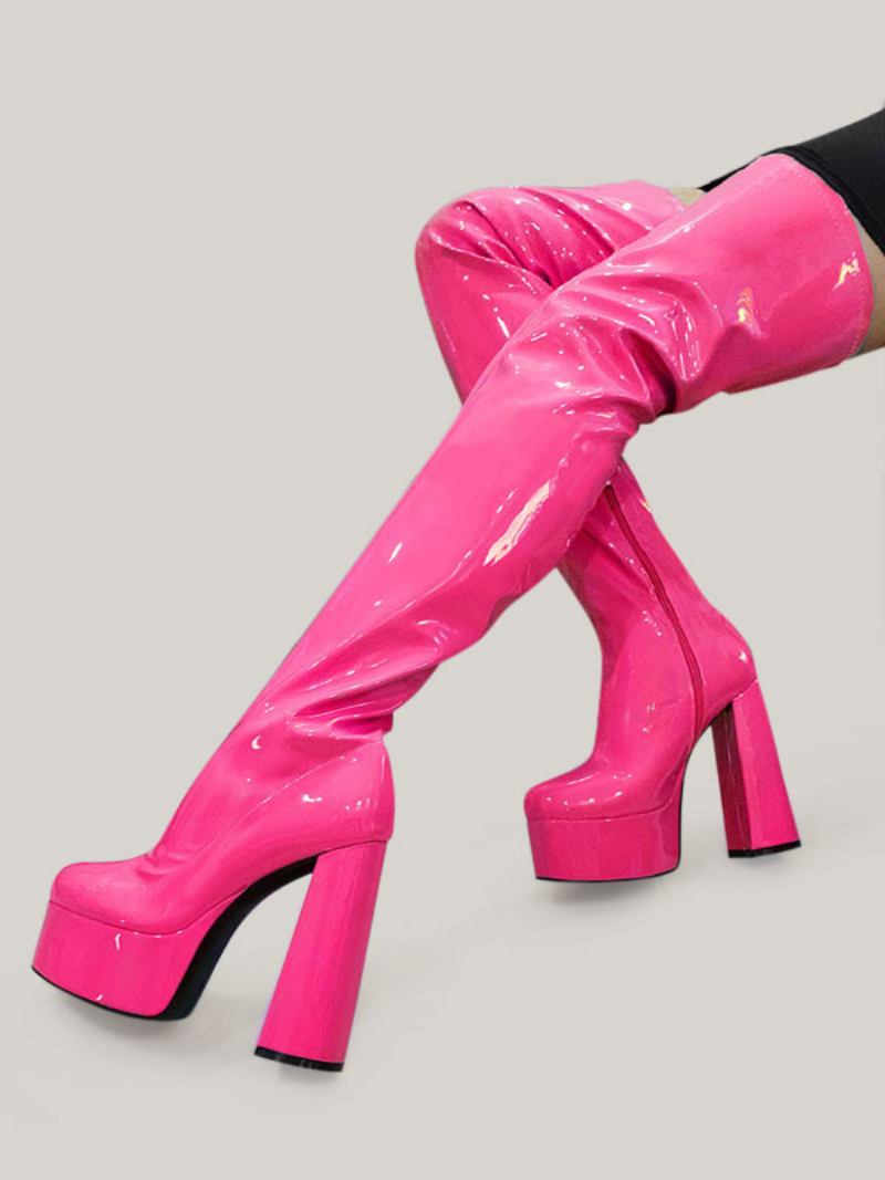 Botas Altas Femininas Roxas Com Plataforma Sexy Salto Bloco Sobre O Joelho - Rosa