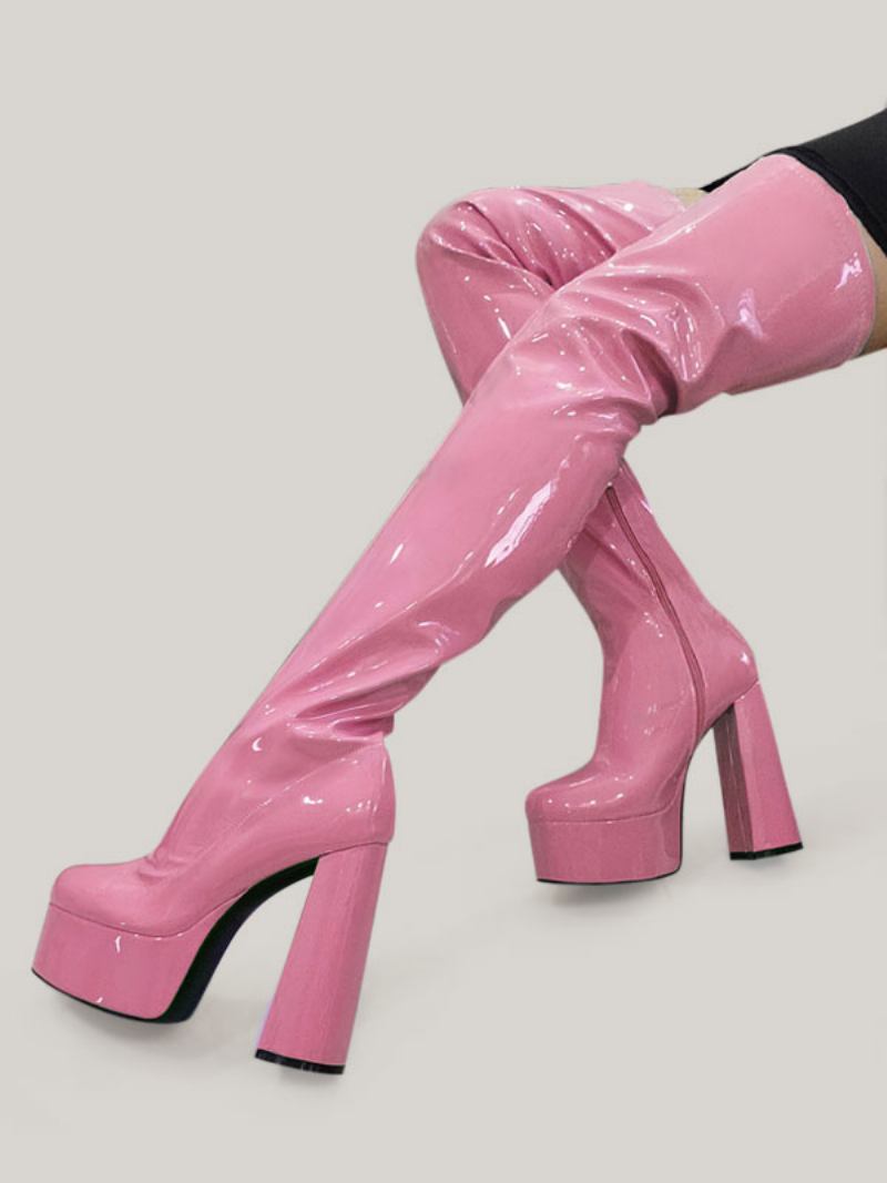 Botas Altas Femininas Roxas Com Plataforma Sexy Salto Bloco Sobre O Joelho - Rosa