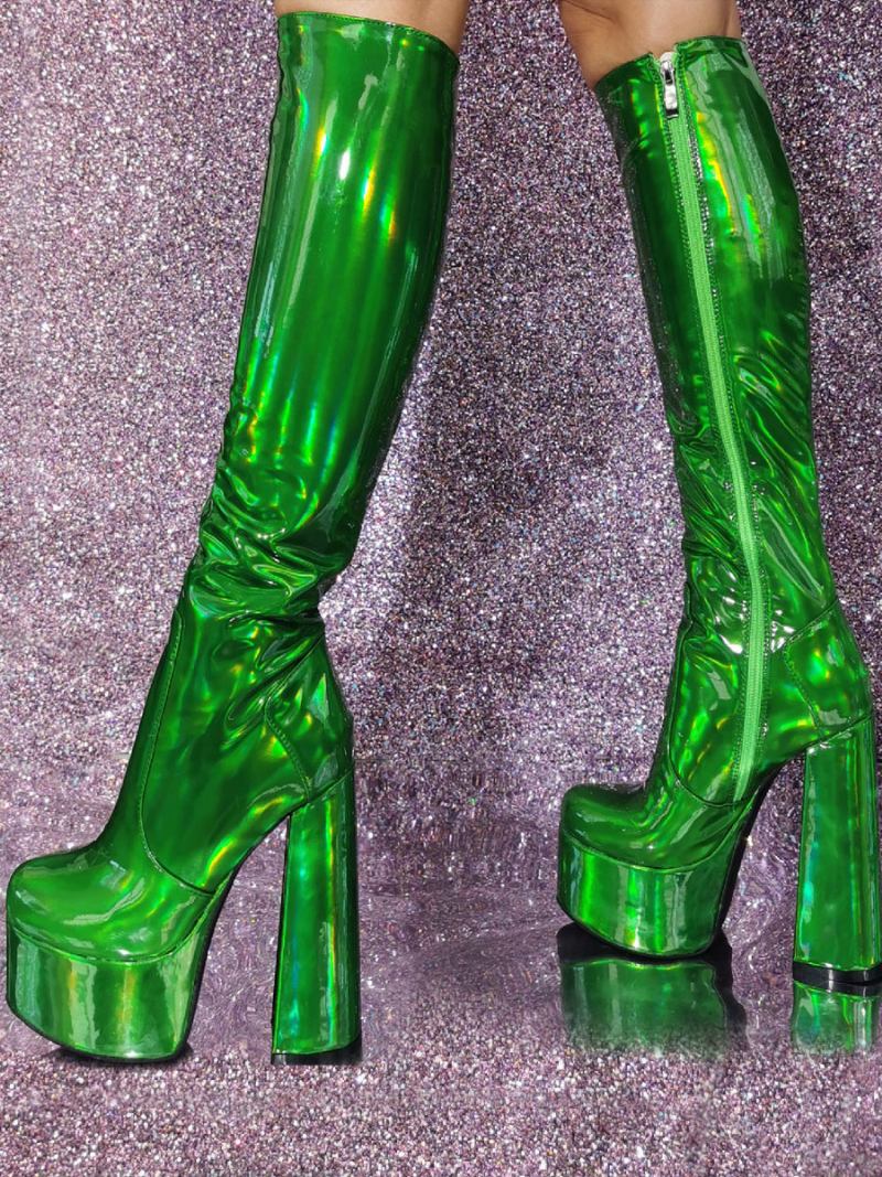 Botas Altas Joelho Metálicas Femininas Patente Pu Plataforma Salto Robusto Sexy - Verde