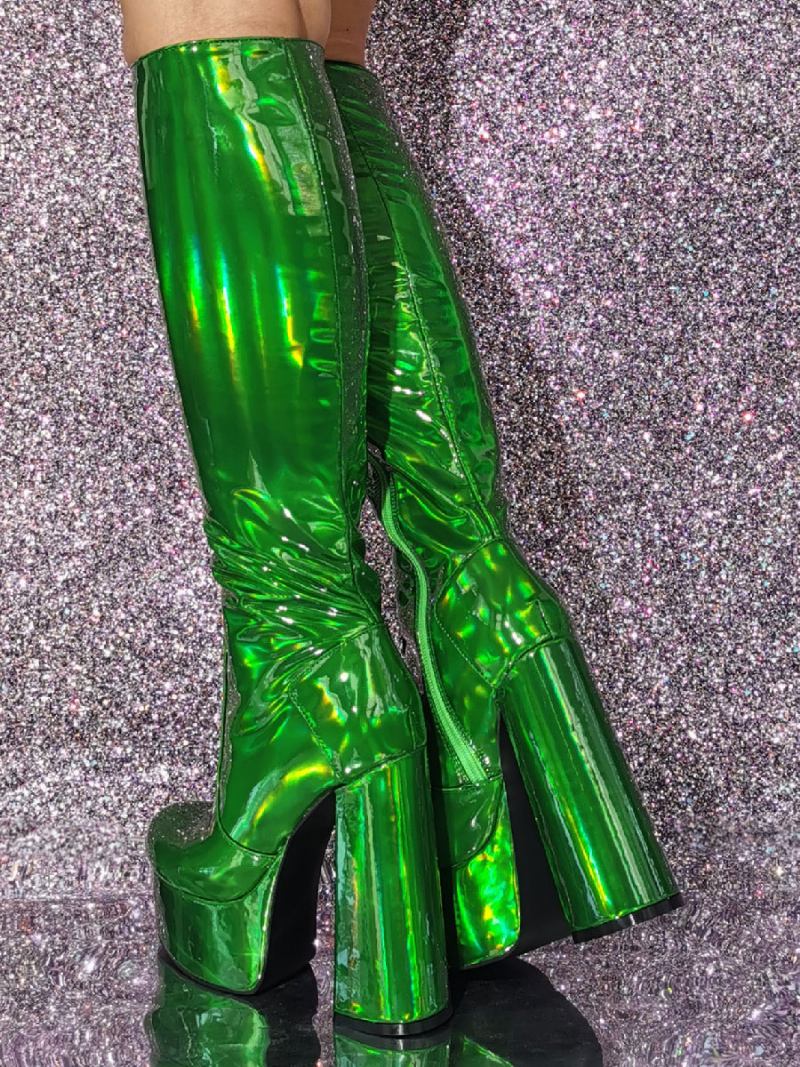 Botas Altas Joelho Metálicas Femininas Patente Pu Plataforma Salto Robusto Sexy - Verde