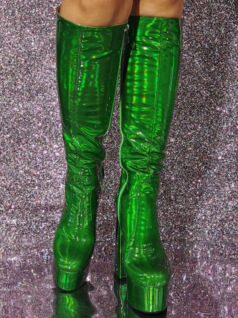 Botas Altas Joelho Metálicas Femininas Patente Pu Plataforma Salto Robusto Sexy - Verde