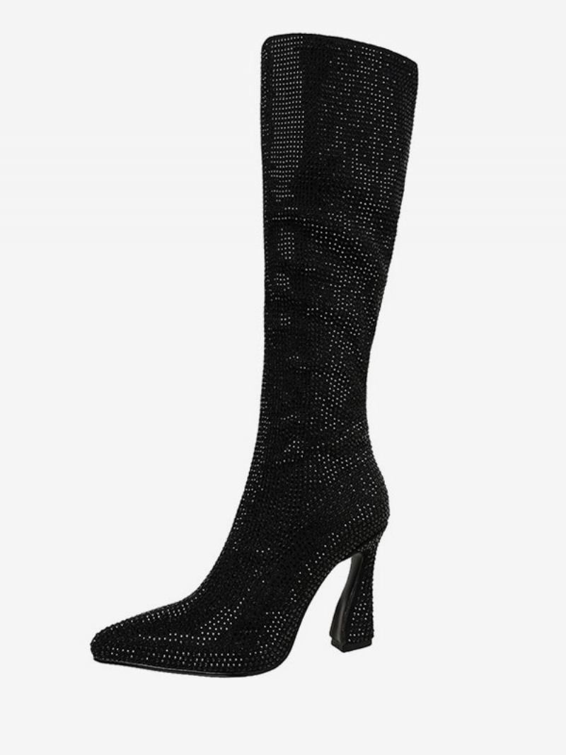 Botas Altas Joelho Prateadas Femininas Com Strass Bico Fino E Salto Alto Para Festa - Preto