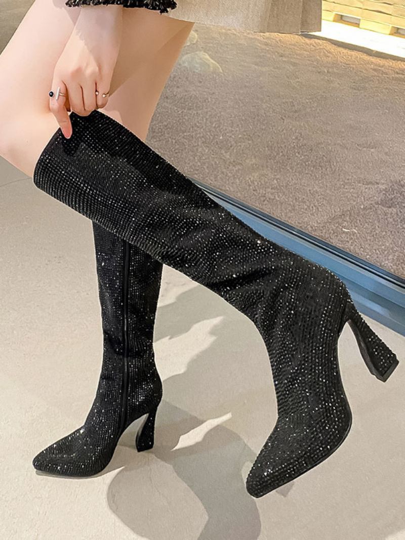 Botas Altas Joelho Prateadas Femininas Com Strass Bico Fino E Salto Alto Para Festa - Preto