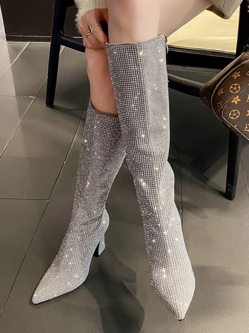 Botas Altas Joelho Prateadas Femininas Com Strass Bico Fino E Salto Alto Para Festa - Prata