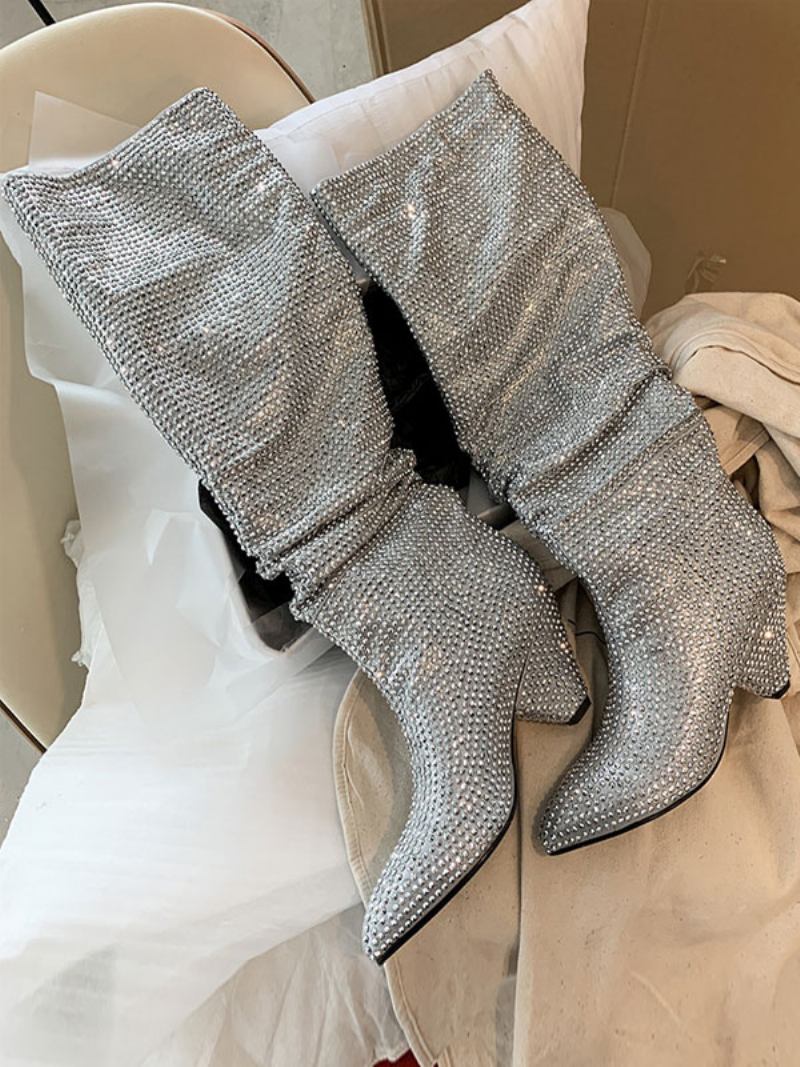 Botas Altas Joelho Pretas Femininas Com Strass Couro Pu Salto Cônico Na Altura Do - Prata