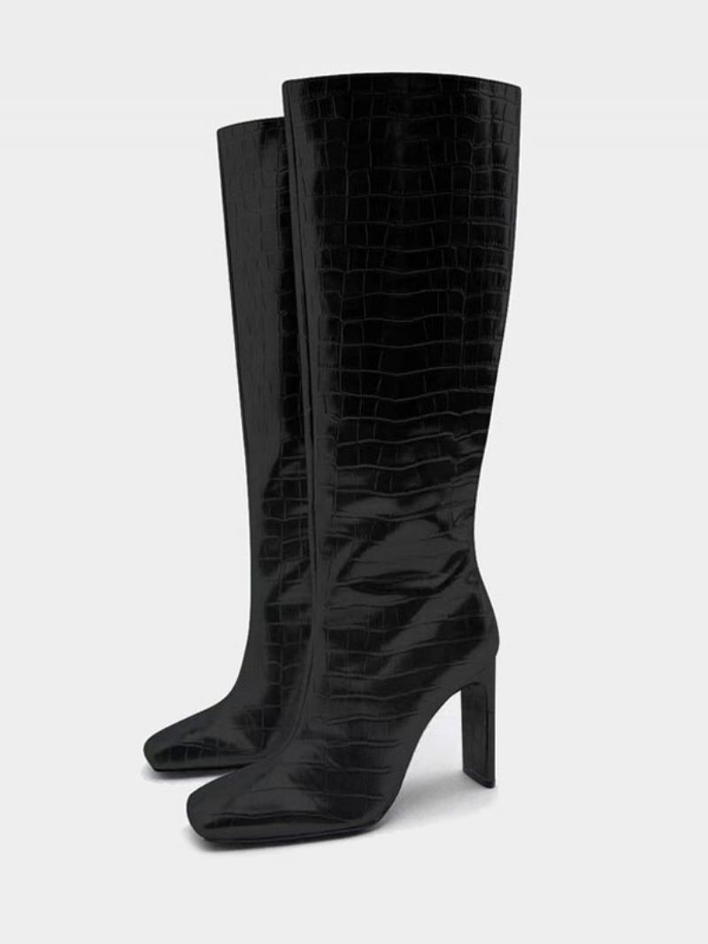 Botas Bezerro Largas Douradas Femininas Bico Quadrado Salto Agulha Cano Alto - Preto