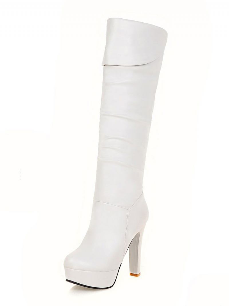 Botas Cano Alto Com Plataforma Feminina Bico Amêndoa E Salto Grosso Couro Brilhante - Branco