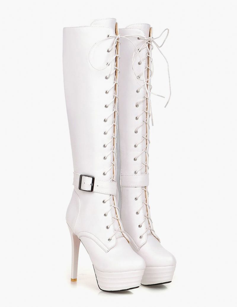 Botas Cano Alto Com Plataforma Feminina Cadarço E Salto Agulha Redondo Inverno - Branco