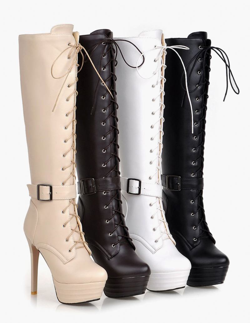 Botas Cano Alto Com Plataforma Feminina Cadarço E Salto Agulha Redondo Inverno - Branco