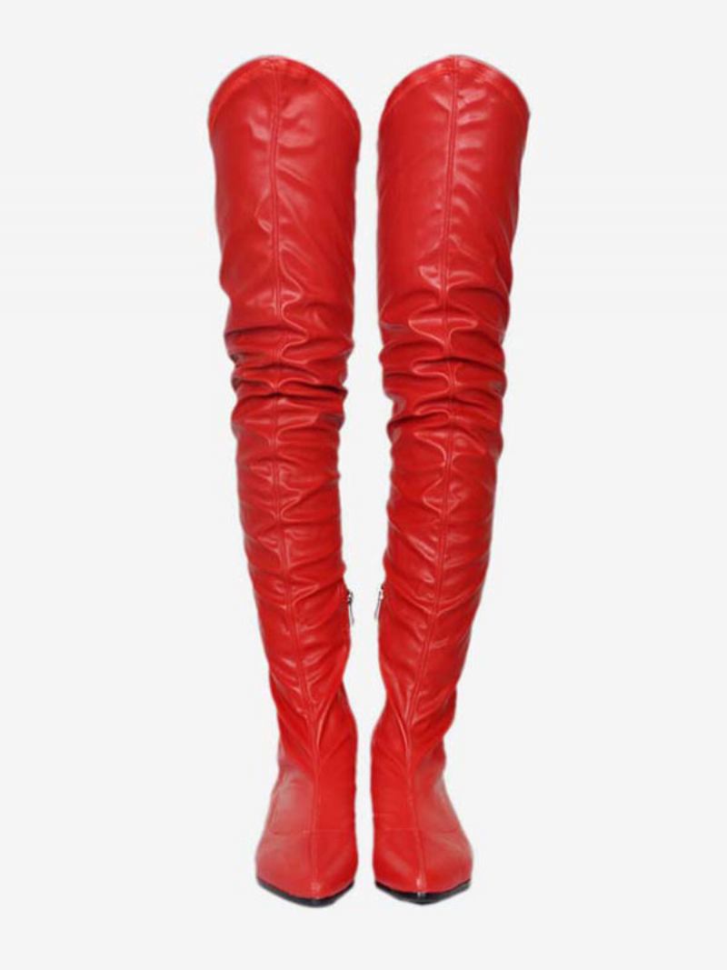 Botas Cano Alto Femininas Cor Sólida Bico Fino Salto Cachorrinho Inverno - Vermelho