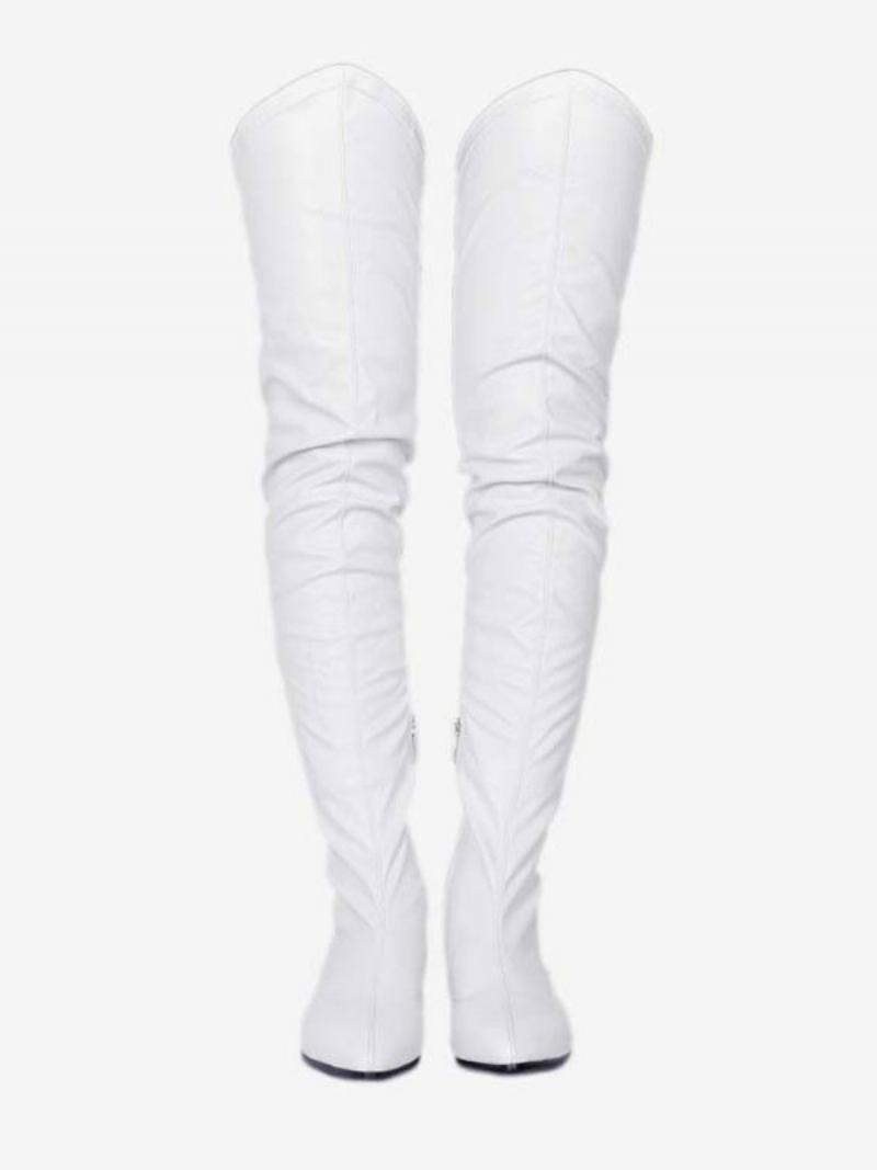 Botas Cano Alto Femininas Cor Sólida Bico Fino Salto Cachorrinho Inverno - Branco