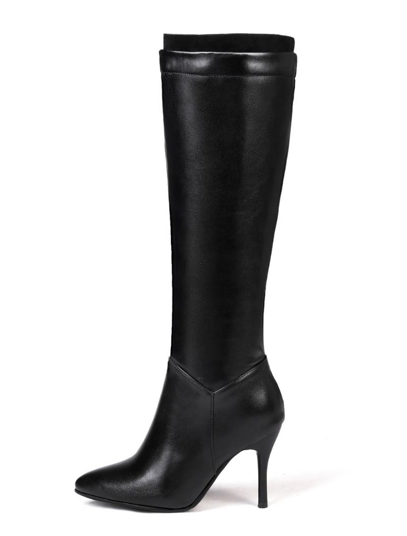 Botas Cano Alto Femininas Cor Sólida Com Bico Fino E Salto Agulha - Preto