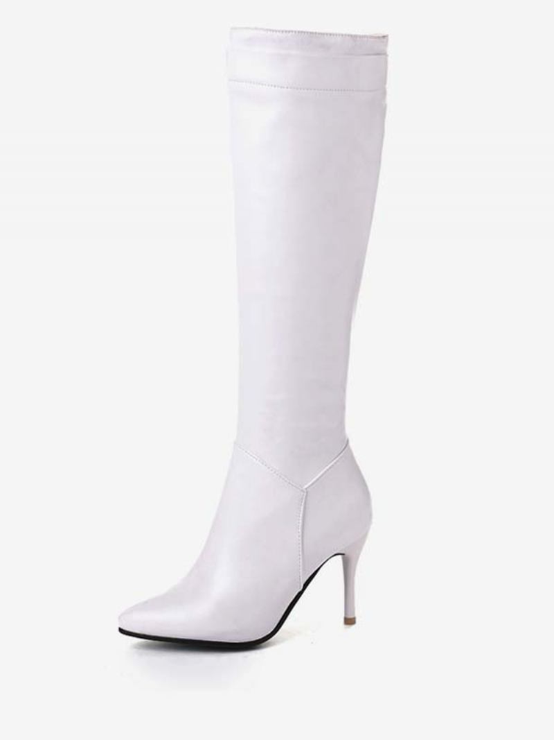 Botas Cano Alto Femininas Cor Sólida Com Bico Fino E Salto Agulha - Branco