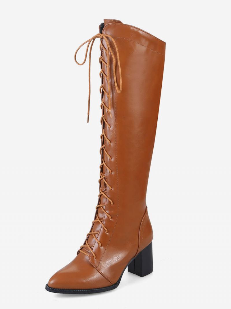 Botas Cano Alto Femininas Cor Sólida Com Cadarço Bico Fino E Salto Grosso - Café Marrom