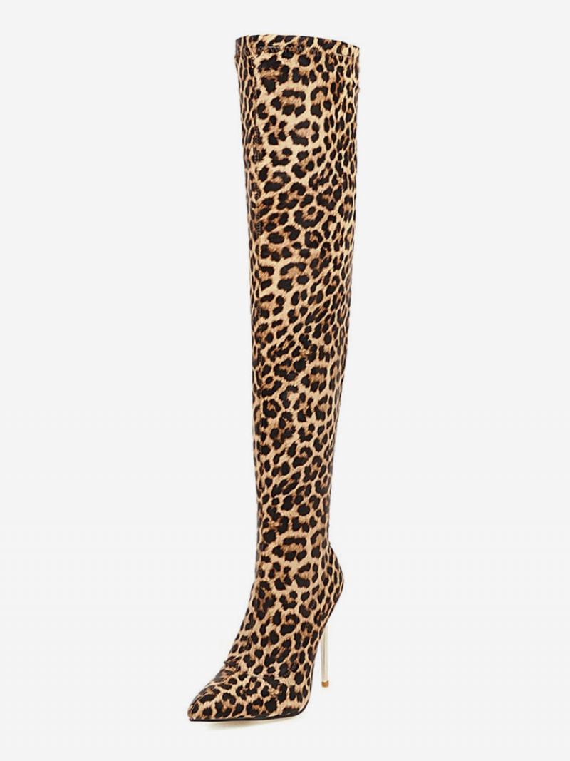 Botas Cano Alto Femininas Micro Camurça Com Estampa Leopardo Bico Fino Salto Agulha Sobre O Joelho